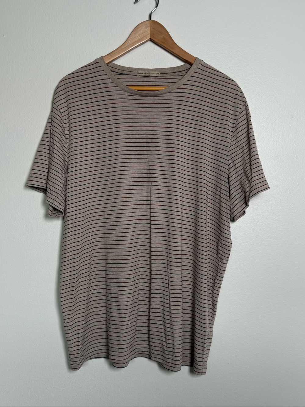 Marine Layer Re-Spun Tee Shirt Mens Sz L XL Beige Striped Short Sleeve Crew Neck